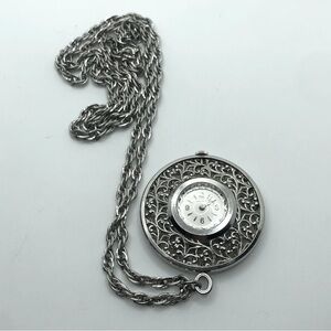 Vtg Caravelle Manual Wind Pocket Watch Necklace / Working/ 26” Chain 1.7” Watch